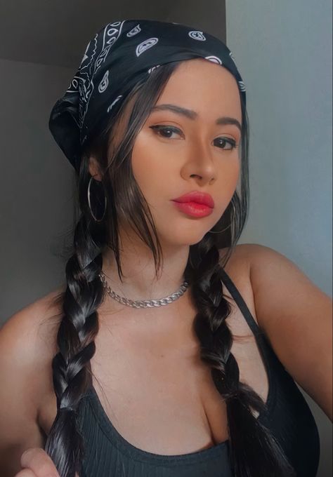 Bubble Braid With Bandana, Bandana Pigtails Hairstyles, Hair Styles With Bandana And Braids, Two Braids With Bandana, Braid Bandana Hairstyles, Bandana Hairstyles With Braids, Braid With Bandana, Bandana Hairstyles Updo, Bandana With Braids