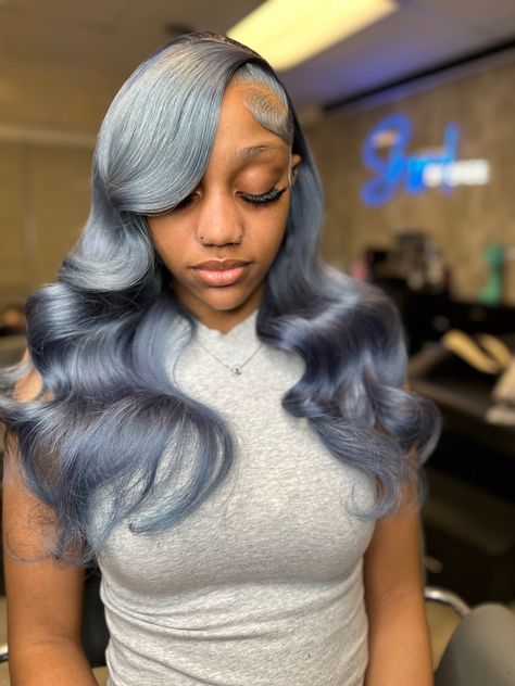 Grey wig • black girl hairstyles • frontal wig • curls • bodywaves • frontalwig install • colored wigs • wig install • smoke grey hair • hair inspo • trending hairstyles Frontal Wig Curls, Grey Wig Install, Wig Curls, Wig Black, Wig Install, Grey Wig, Colored Wigs, Birthday Board, Trending Hairstyles