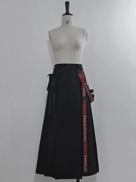 Black Futuristic Techwear Long Skirt with Straps and Waist Bag Waist Bag, Long Skirt, Black, Design