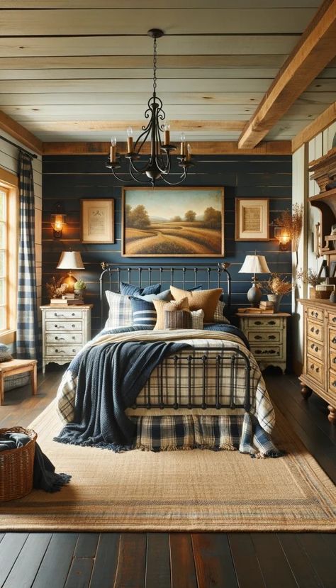 21 Navy Blue Bedroom Ideas to Transform Your Space: From Modern to Rustic 🌙✨ - Laugh Lore Navy Blue Vintage Bedroom, Distressed Nightstand, Navy Blue Bedroom, Wall Facebook, Lakehouse Bedroom, Lodge Bedroom, Navy Blue Bedrooms, Cabin Bedroom, Blue Bedroom Decor