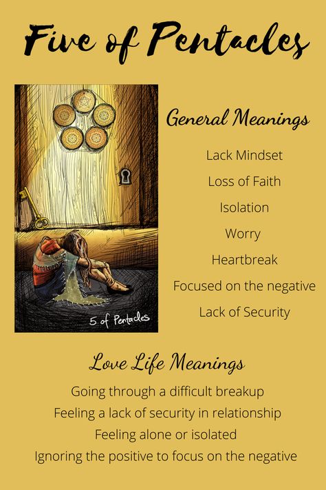 The five of pentacles is generally considered a negative card in the Tarot deck. For a love life spread, this is no different. It often depicts a breakup, feeling a lack of emotional or financial security within a relationship, or feeling isolated in your community. But, don't worry! There's more to it than that. Click to read more about what this card means. Light Seers Tarot Cards Meaning, 5 Of Pentacles Tarot Meaning, Five Of Pentacles Tarot Meaning, 5 Of Pentacles Tarot, Five Of Pentacles Tarot, 5 Of Pentacles, Pentacles Tarot Meaning, Five Of Pentacles, Tarot 101