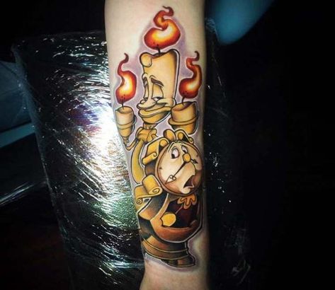 Lumiere and Cogsworth tattoo by Brandon Mcgillvery Cogsworth Tattoo, Lumiere Tattoo, Lumiere And Cogsworth, Tattoos Disney, Post Tattoo, Comic Book Tattoo, Beauty And The Beast Tattoo, Disney Cartoon Movies, Disney Sleeve