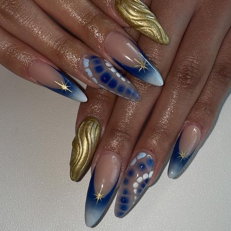 almond nails are in⭐️ . #losangelesnails #lanailtech #airbrushnails #instanails #nailtech #nailtechlife #prettynails #southlanails #explorepage #ombrenails #cutenails #inglewoodnails #gardenanails #nailsofinstragram #goldnails #bluenails #almondnails Blue Golden Nails, Blue And Gold French Tip Nails, Gold 3d Nails, Gel Nails Gold, 3d Gel Nails, Girly Acrylic, Golden Nails, La Nails, Airbrush Nails