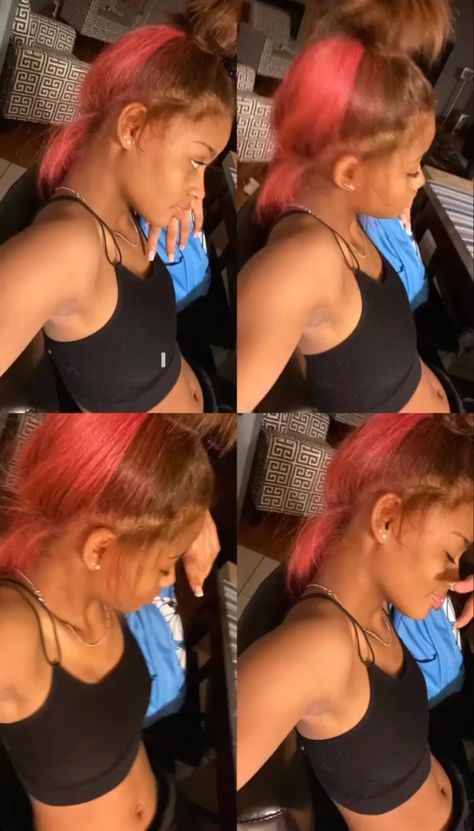 Dyed Pink Natural Hair, Pink And Brown Natural Hair Black Women, Bleach Hairstyle Ideas, Ginger With Pink Skunk Stripe, Light Brown Hair With Pink Skunk Stripe, Brown And Pink Hair Natural, Ginger And Pink Skunk Stripe, Hair Color Inspiration Black Women, Dyed Hair 2 Colors