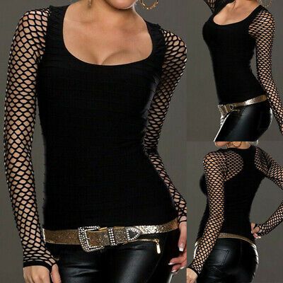 Top Rated Women's Slim Low Cut Long Sleeve Blouse Net Tops Punk Rock Gothic Fishnet Shirt, Fashion Women's Tops