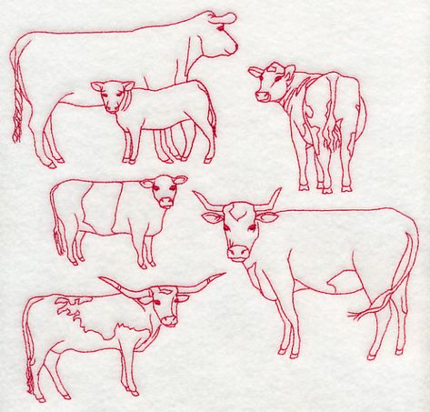 Cattle Medley (Redwork) Chicken Tattoo, Rooster Tattoo, Freestanding Lace Embroidery, Redwork Embroidery, Free Machine Embroidery Designs, Free Machine Embroidery, Country Charm, Embroidery Library, Art Plastique