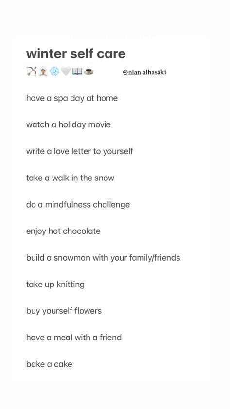 #selfcare #selfcaretips #selfcareroutine #selfcareideas #inspogirl #mindfulness #peace #lifestyle #activities #aesthetic #winter #winteraesthetic Selfcare Day Aesthetic, Winter Selfcare Aesthetic, Winter Routine Aesthetic, Winter Self Care Aesthetic, Winter Activities Aesthetic, Winter Selfcare, Peace Lifestyle, Winter Motivation, Winter Arch