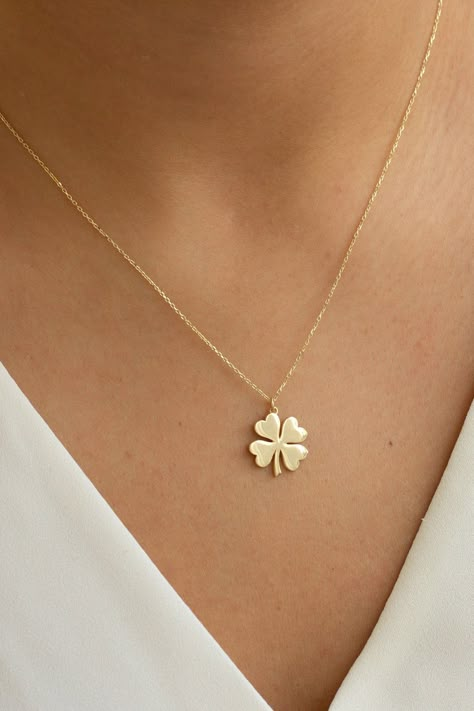 "Gold Clover Necklace, 14K Solid Flower Necklace, Four Leaf Clover, Dainty Gold Necklace, Solid Gold Necklace, Clover Diamond, Christmas Gift Our product weighs 2.35 gr and the chain length is 42 cm. All of our products has the stamp \"585\" on them. (which states that this is real gold) There may be +/- 0.15 change in gram information due to production. Quality control has been done. Our products are Anti Allergic. Your orders are shipped with a gift package. This special gift box is specially