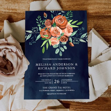 Earthy Burnt Orange Roses Floral Navy Blue Wedding Invitation Rust Emerald Navy Wedding, Burnt Orange Navy Blue Wedding, Fall Winter Garden, Popular Wedding Invitations, 3d Templates, Wedding Announcement Cards, Blue Wedding Invitation, Rustic Watercolor, Navy Blue Wedding Invitations