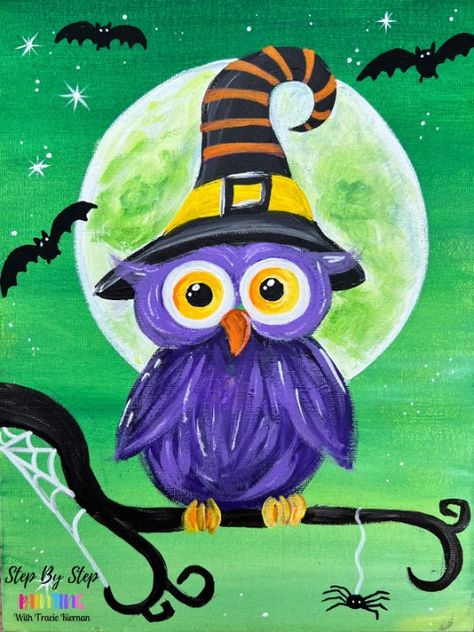 Halloween Canvas Paintings, Fall Canvas Painting, Fall Canvas, Halloween Owl, Paint Nite, Painting Activities, Canvas Painting Tutorials, Learn How To Paint, Easy Canvas Painting