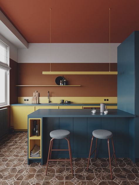 Modern Kitchen Colours, Kitchen Design Trends, Kitchen Color, Design Del Prodotto, Kitchen Sets, Modern Apartment, Kitchen Colors, Kitchen Counter, 인테리어 디자인