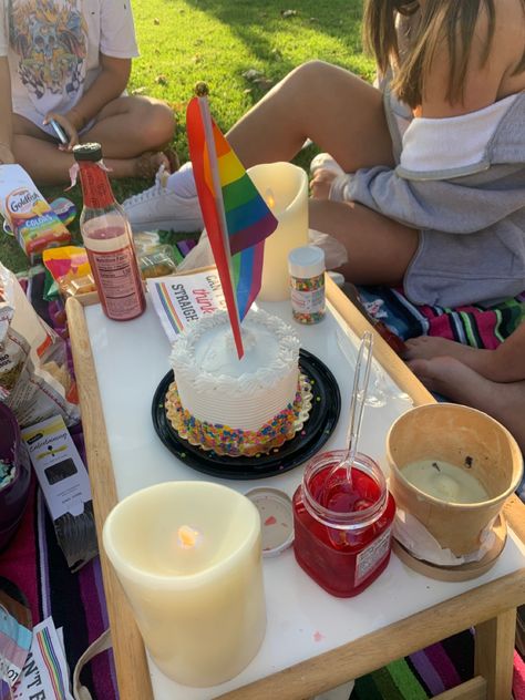 #pride #picnic Pride Picnic, Rainbow Picnic, Bday Picnic, Hangout Ideas, Pride Month, Birthday Candles, Holidays, Rainbow, Candles