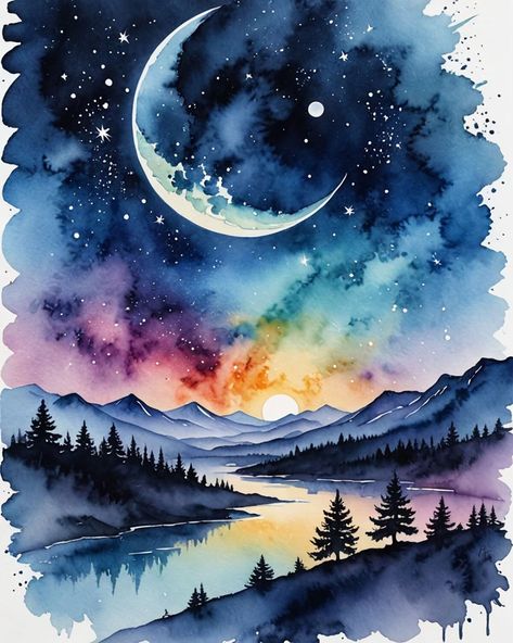 I am making a whole large series of cute Galaxy Watercolor Animals, & a cute Galaxy Watercolor Café treats, and fantasy landscapes. A fun mix of rainbow, galaxy, neon colors. Fun on glitter & holographic paper, too! Once I get them all uploaded, my style & color choices looks great to mix & match & tile a few to many pieces together. Watercolor And Color Pencil Art, Fantasy Watercolor Art, Watercolor Night Sky Tutorial, Cosmic Watercolor, Watercolour Galaxy, Galaxy Watercolor, Holographic Paper, Watercolor Decor, Images D'art