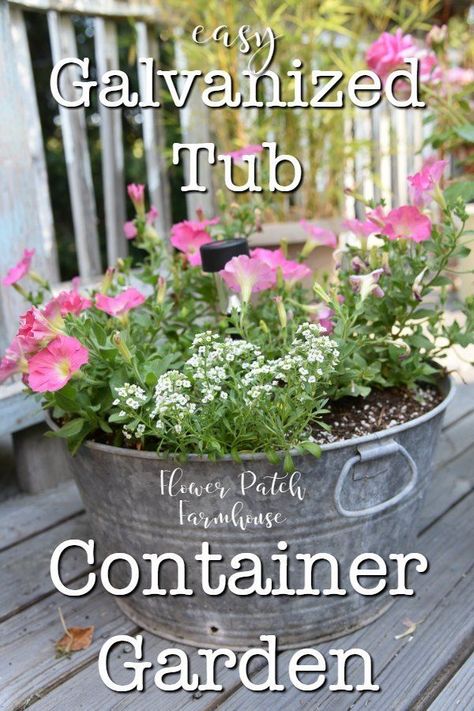 easy Step by Step on how to create a Galvanized tubs and bucket container garden for your patio or deck. Switch the plants out seasonally for year round interest and beauty. #easygarden #cottagegarden #galvanized #containergarden Garden Buckets, Indoor Gardening Supplies, Diy Container Gardening, Galvanized Planters, Galvanized Tub, Container Garden Design, Pot Garden, Container Gardening Flowers, Cottage Garden Design