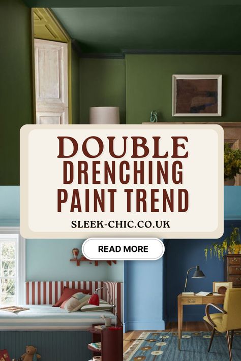 Colour drenching has had its moment, and it's going to be all about double drenching your interiors 2024 and beyond. Here's everything you need to know about it along with 9 examples. Open Plan Different Colour Walls, Colour Block Room, Alcove Colour Ideas, Unique Room Colors, Double Colour Drenching, Drenching A Room, Pigeon Farrow And Ball Hallway, Green Walls Blue Trim, Painted Baseboards And Trim Wall Colors