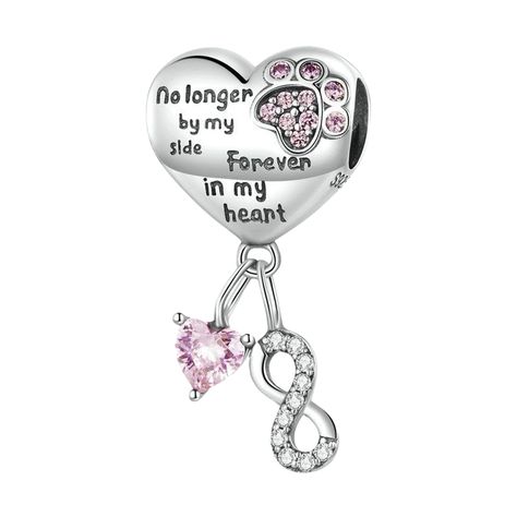 Mia Ishaaq Silver Heart Charm "Keep the memory of your beloved dog close to your heart with our "Forever in my heart" charm. Made of high-quality 925 sterling silver, this heart-shaped charm features a beautiful pink cubic zirconia paw print and a touching engraving on the front. The reverse side showcases a heart-shaped pink cubic zirconia and a winged dog image, serving as a tribute to your cherished fur baby. Compatible with most top brand bracelets, this charm is a meaningful and beautiful a Cute Pandora Bracelet Ideas, Diy Gifts For Men, Charms Pandora, Bracelet Pandora, Infinite Love, Pandora Bracelet Charms, Fitness Bracelet, Pandora Charm, Pandora Bracelets