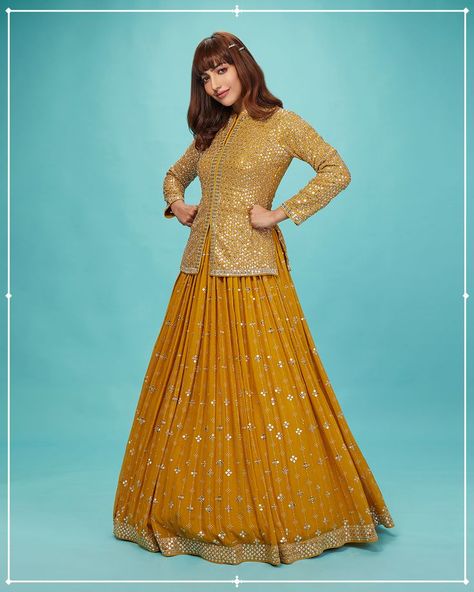 Narayanpet Long Frocks, Flared Lehenga, Jacket Trend, Haldi Function, Georgette Lehenga, Anarkali Dress Pattern, Ochre Yellow, Lehenga Online, Long Frocks