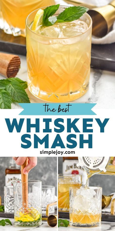 A Whiskey Smash is a classic and easy cocktail that you will fall in love with. Combining the flavors of lemon, mint, and whiskey, this refreshing cocktail is going to become your new favorite. Whiskey Smash Recipe, Bourbon Mixed Drinks, Whiskey Drinks Simple, Good Whiskey Drinks, Whiskey Based Cocktails, Whiskey Cocktails Easy, Whisky Cocktail Recipes, Shake Drink, Whiskey Drinks Recipes