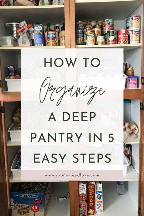 Organize A Deep Pantry, Deep Pantry Organization, Narrow Pantry, Deep Pantry, Kitchen Cupboard Organization, Small Pantry Organization, Organized Pantry, Pantry Organisation, Food Pantry Organizing