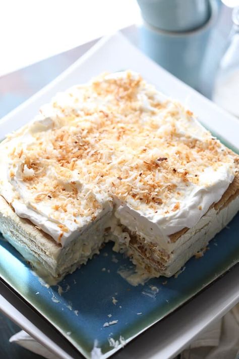 This vanilla coconut ice box cake is light and absolutley dreamy! A no bake treat that tastes purely decadent! lemonsforlulu.com Coconut Cakes, Icebox Cakes, Ice Box Cake, Lush Recipes, Icebox Desserts, Icebox Cake Recipes, Chocolate Wafer Cookies, Jamaican Dishes, Coconut Ice