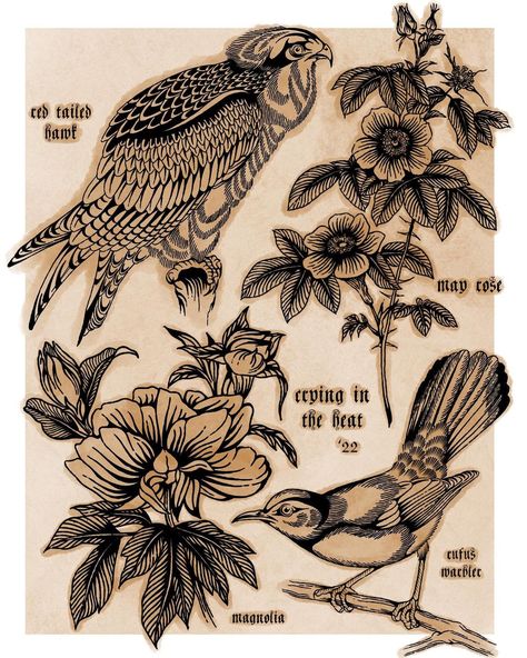 Traditional Bird And Flower Tattoo, Briar Tattoo, Barred Owl Tattoo, Mallard Duck Tattoo, Traditional Bird Tattoo, Flower Etching, Trad Flash, Bird And Flower Tattoo, Tattoo Mom