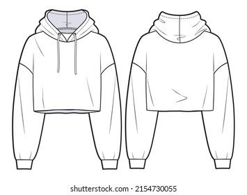 Girl's cropped Sweatshirt design fashion flat sketch template. Oversize crop Hoodie sweat with long sleeves techical drawing template. Hoodie fashion cad. Sweat Shirt Drawing, Cropped Hoodie Design, Oversized Hoodie Technical Drawing, Oversized Hoodie Sketch, Hoodie Design Template, How To Draw A Hoodie On A Person, Hoodie Drawing Sketches, Girl In Hoodie Drawing, Hoodie Around Waist