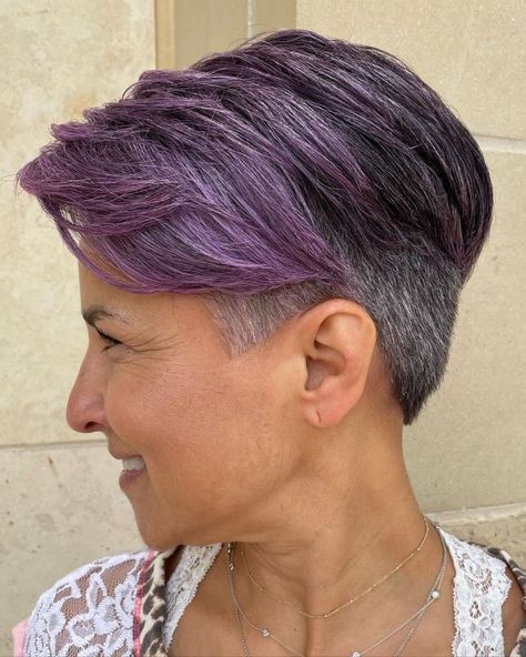 Purple Highlights Brown Hair Short Pixie, Gray Hair With Purple Highlights, Broccoli Haircut, Grey Hair With Purple Highlights, Dyed Pixie Cut, Purple Salt, Purple Pixie Cut, Highlights Brown Hair Short, Purple Hair Streaks