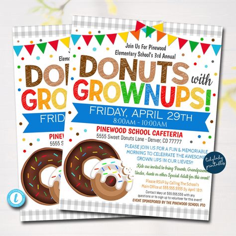 "DONUTS WITH GROWNUPS FLYER! This printable 'donuts with grownups flyer' is great to us for your school, church PTA, breakfast father's day events and more! Full Editing Options With Templett.com TRY THE DEMO NOW - Just copy and paste this url: https://templett.com/design/demo/TidyLady19/13917832 Designed for Printing 8.5x11\" *You are not able to edit this file on an iPad, iPhone, or any other handheld device. *This is a DIY self-editing digital, printable product - I do not edit this file for Coffee Bar Pto, Donuts With Grownups, Pta Organization, Pta Events, Lunch Invitation, School Pto, Parent Involvement, Room Mom, Family Engagement