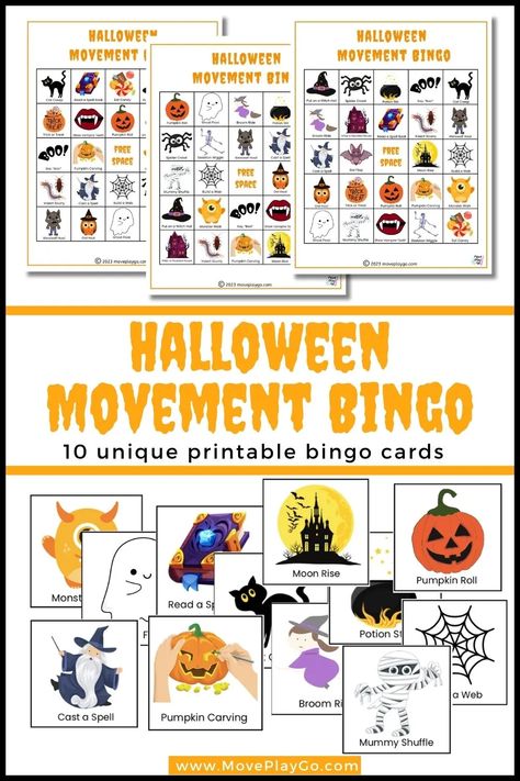 Celebrate this Halloween with this Halloween Movement Bingo game. It provides you with a festive and fun way to get everyone moving while embracing all the holiday has to offer. This printable bingo game is perfect for a classroom, Halloween party, or the family. Halloween Movement Cards, Printable Bingo Games, Classroom Halloween, Corkboard Ideas Decor, Classroom Halloween Party, Getting Played, Bingo Printable, Halloween Printable, Dot Markers