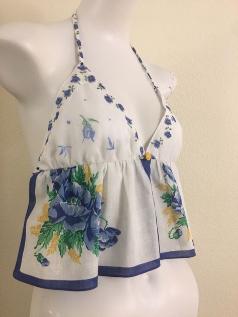 Upcycle Shirt Ideas, Handkerchief Top Diy, Handkerchief Tops, Handkerchief Shirt, Upcycle Vintage Hankies, Diy Halter Top, Feminine Tops, Made Of Stardust, Vintage Blue Handkerchiefs With Floral Embroidery