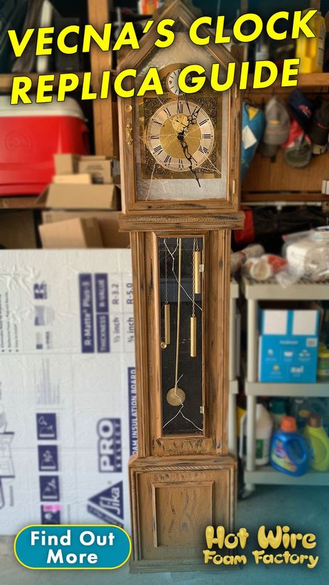 animated grandfather clock from stranger things season 4 made out of insulation foam and wood Haunted Props, Foam Factory, Stranger Things Season 4, Stranger Things Halloween, Rose Window, Replica Prop, Stranger Things Season, Diy Clock, Grandfather Clock