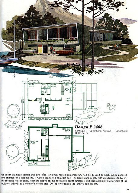 P2406 by MidCentArc, via Flickr 70s House Floorplan, 50s Modern House, Floor Plan Mid Century Modern, Mid Century Split Level Floor Plans, Midcentury House Floor Plans, Retro Floor Plans, 70s Home Floor Plans, 70s Floor Plans, Mid Century House Floor Plans