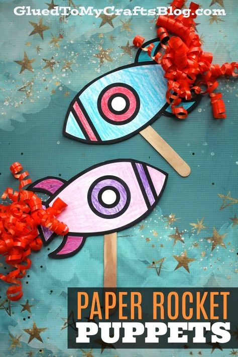 Paper Rocket Ship Puppet - Kid Craft Idea For Outer Space Fun! Paper Rocket Ship, Rocket Ship Craft, Spaceship Craft, Paper Rocket, Outer Space Crafts, Paper Rockets, Space Theme Preschool, Rocket Craft, Rocket Art