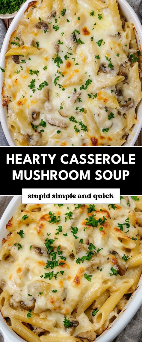 Image for Hearty Casserole Mushroom Soup Chicken And Mushroom Soup Casserole, Chicken Casserole With Mushroom Soup, Mushroom Casserole Recipes, Mushroom Noodle Casserole, Cozy Casseroles, Fall Casserole Recipes, Hot Dog Casserole, Soup With Mushrooms, Fall Casseroles