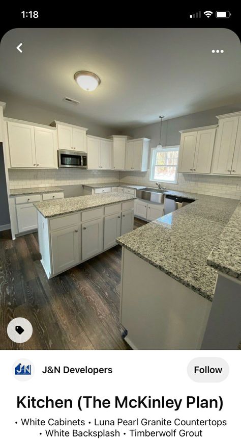 Luna Pearl Granite Countertops, Black And White Granite Countertops, Luna Pearl Granite, Black Kitchen Handles, White Granite Countertops, Grey Countertops, Countertops Kitchen, White Backsplash, Kitchen Paint Colors