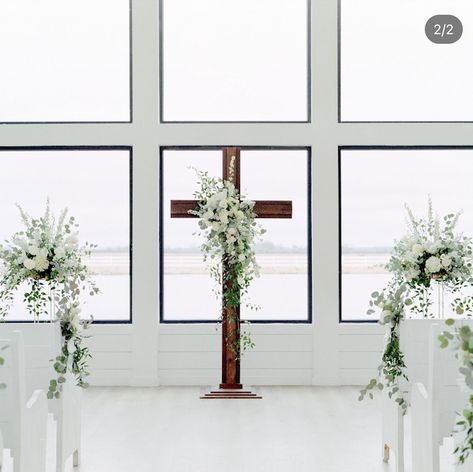 Wedding Arch Ideas Cross, Cross With Flowers Wedding Altars, White Flowers On Cross Wedding, White Cross Wedding Alter, Wedding Cross With Greenery, Wedding Ceremony Cross With Flowers, Floral Cross Wedding Ceremony, Simple Church Wedding, Ceremony Decorations Church