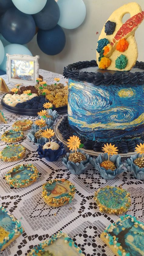 Van Gogh Birthday Theme, Bolo Van Gogh, Van Gogh Birthday, Van Gogh Cake, Starry Night Cake, Gogh Cake, Pastel Vans, Van Gogh Gifts, Starbucks Cup Art