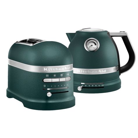 KitchenAid 5KEK1522BPP 5KMT2204BPP Artisan Variable Temperature Kettle & 2 Slice Toaster Set – PEBBLE PALM Kitchen Appliances Set, Green Kitchen Appliances, Green Appliances, Retro Toaster, Dark Green Kitchen, Kettle And Toaster Set, Cream Candy, Toast Sandwich, Domestic Appliances