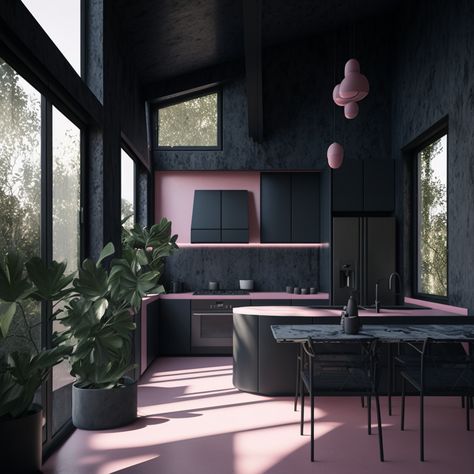 Metallic Pink and Black Kitchen idea Pink Green And Black Kitchen, Black And Pink Kitchen, Pink And Black Kitchen, Black Home Interior, Monochrome House, Pink House Interior, Small House Design Kerala, Pink Apartment, Black Modern Kitchen