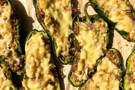 Sausage Stuffed Poblano Peppers » Home Cooked Living Poblano Peppers Recipes, Mediterranean Seasoning, How To Cook Liver, Unique Dinner, Poblano Peppers, Ground Italian Sausage, Nut Free Recipes, Flavored Rice, Ground Sausage