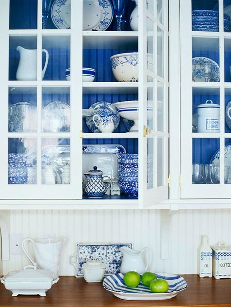 Paint back of cabinet to coordinate with dinnerware Blue And White Dishes, Blue White Decor, Interior Windows, White Dishes, Blue And White China, White China, Blue Kitchens, Farmhouse Sink, Kitchen Cabinetry