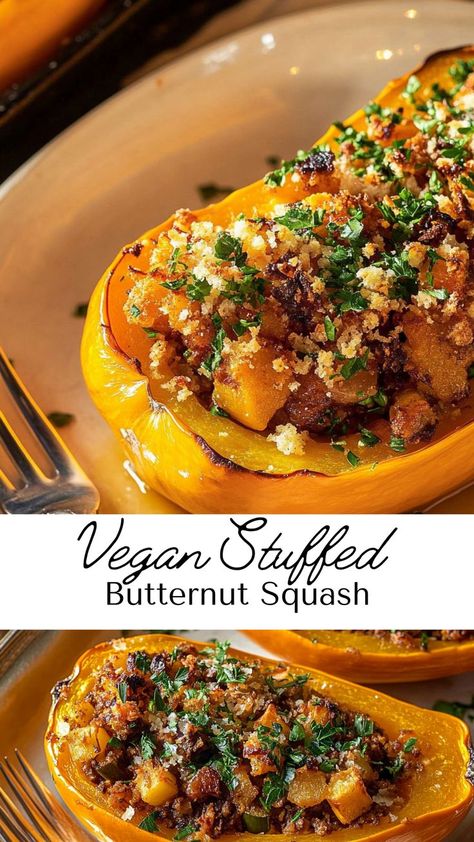 Delight in this vegan stuffed butternut squash, featuring a flavorful medley of grains, veggies, and spices. With its vibrant colors and wholesome ingredients, this dish is a stunning centerpiece for any fall gathering. Serve it as a main course or side dish for a satisfying and nutritious meal. Butternut Squash Main Dish, Stuffed Butternut Squash Vegan, Turkey Stuffed Butternut Squash, Vegan Stuffed Butternut Squash, Vegetarian Stuffed Squash, Stuffed Squash Recipes Vegetarian, Butternut Squash Recipes Vegan, Butternut Squash Meals, Stuffed Squash Vegetarian