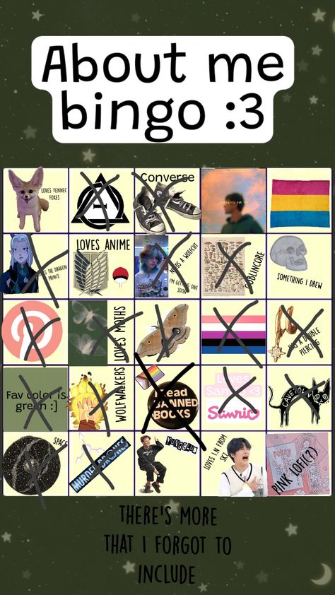 #aboutme #bingo #aboutmebingo #wolfwalkers #therian #therianthropy #thedragonprince #sanrio #green Sanrio Green, Fennec Fox, Banned Books, Bingo, Prince, Green, Anime