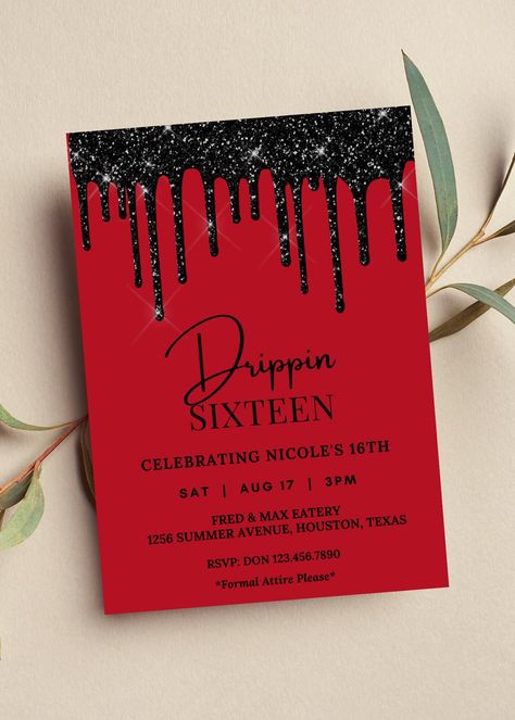 Editable Drippin 16 birthday invitation perfect for your next sweet 16 birthday party. This red and black dripping invitation can be edited yourself using Canva. If you choose to print yourself the print size is 5x7 and can be printed on cardstock invitation paper. You can also have the completed file taken to your local print shop and have them print. Can also be saved as an image to use as a text invitation or email invitation. All the wording is editable. Details: red invitation with black sparkle drip, dripping glitter. Use to celebrate a sweet 16 birthday party, drippin 16 or swag 16 theme. Can easily be edited for any age birthday. HOW IT WORKS: ♥ Once purchased, you will receive a link that will take you to Canva.com where you will be able to edit the template. You will be able to e Matte Black Invitations, Red And Black Birthday Invitations, Red And Black Sweet 16 Invitations, Red Black And Gold Party Invitations, Red Black And Gold Birthday Invitations, Sweet 16 Party Ideas Themes Black White Red, Red And Black Party Invitations, Red And Black 60th Birthday Ideas, Party Themes For Sweet 16