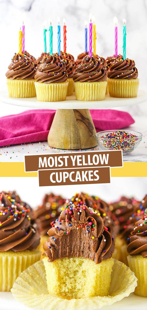 Yellow Cupcakes With Chocolate Frosting, Moist Yellow Cupcake Recipe, Yellow Cake Chocolate Frosting, Best Cupcake Recipe, Yellow Cake Cupcakes, Happy Birthday Yellow, Frosting For Chocolate Cupcakes, Cupcakes With Chocolate Frosting, Creamy Chocolate Frosting