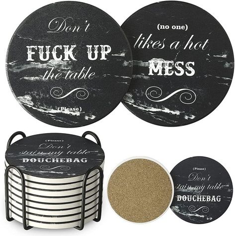 LIFVER Funny Coasters for Drinks with Holder, Set of 8 Black Marble Style Absorbent Drink Black Living Room Decor, Funny Coasters, Funny Home Decor, Bar Coasters, Absorbent Coasters, Black Living Room, Iron Holder, Unique Clocks, White Elephant