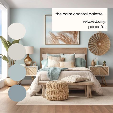 Calm Coastal Benjamin Moore Paint Palette - Modern Neutral Interior Pa – Millie Hart Interiors Calm Colours For Bedroom, Sea Blue Color Palette, Wood Bedroom Furniture Decor Ideas, Lakeside Bedroom, Hart Interiors, Sea Apartment, Coastal Rooms, Color Palette For Home, Paint Combos