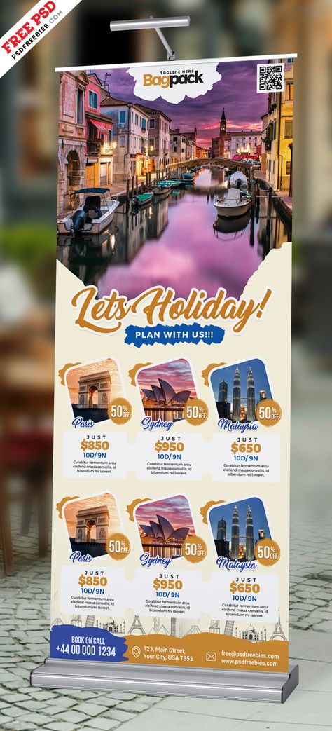 Travel Tourism Roll-up Banner PSD Travel And Tourism Design, Travel Standee Design, Travel Roll Up Banner, X Stand Banner, Roll Up Banner Design Inspiration, Stand Banner Design, Travel Banner Design, Roll Banner Design, Standee Design Ideas