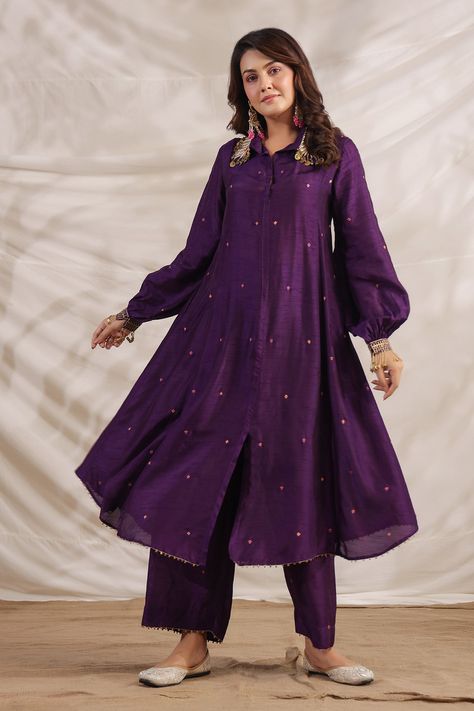 Buy Purple Silk Embroidered Zardozi And Pankh Asymmetric Anarkali & Palazzo Set For Women by Label Niti Bothra Online at Aza Fashions. Anarkali Sherwani With Zari Work In Cotton Silk, Anarkali Raw Silk Sherwani For Navratri, Anarkali Cotton Silk Sherwani For Wedding, Anarkali Sherwani With Dabka Work, Anarkali Style Cotton Silk Festive Sherwani, Anarkali Cotton Silk Sherwani For Festivals, Festive Anarkali Sherwani For Navratri, Designer Long Sleeve Purple Palazzo Set, Long Sleeve Slub Silk Sherwani For Eid