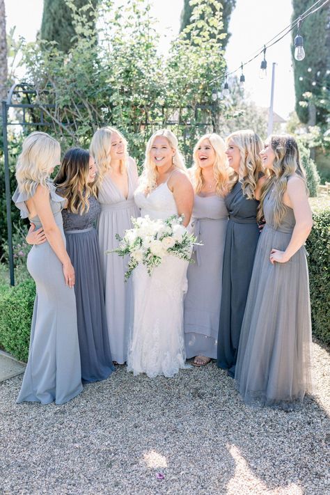 Green and Grey Garden Wedding Gray Bridesmaids Dresses, Gray Bridesmaids, Garden Wedding Bridesmaids, Grey Bridesmaids, Dusty Blue Bridesmaid Dresses, Mismatched Bridesmaids, Green Details, Mismatched Bridesmaid Dresses, Grey Bridesmaid Dresses